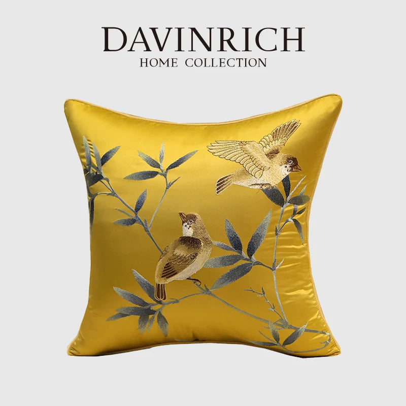 DecorBites™ Birds Branches Embroidered Pillow Covers - Chinoiserie Style Chic Interiors