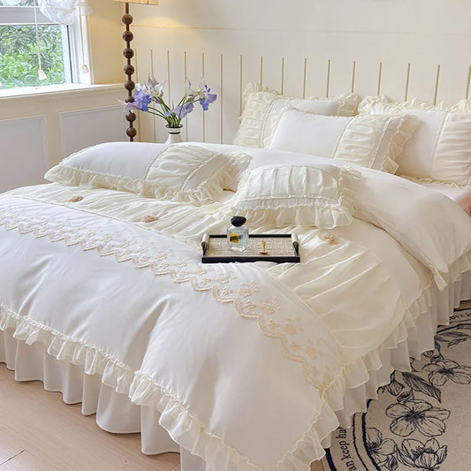 DecorBites™ Lace Luxury Bed Skirt Set: Silky Solid Color Bedclothes Single Double Bedspread
