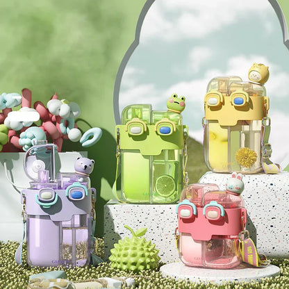 DecorBites™ Double-Bin Sippy Cup | Kids Cartoon Water Bottle with Adjustable Strap