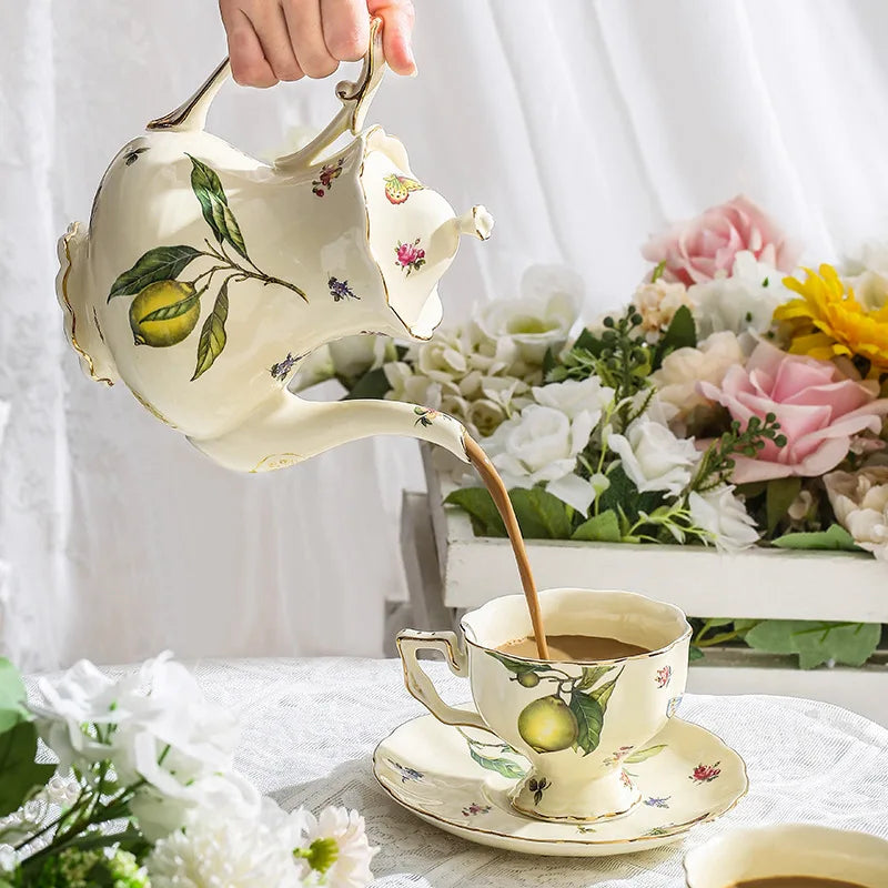 DecorBites™ Lemon Pattern Porcelain Tea Set: Teapot, Kettle, Handle Cup, Mugs