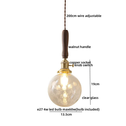 DecorBites™ Amber Glass LED Pendant Light with Walnut Handle for Dining Living Room
