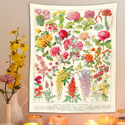 Tapiz floral botánico DecorBites™ para colgar en la pared, ilustración de jardín, flores, cactus, estilo boho hippie, decoración para dormitorio