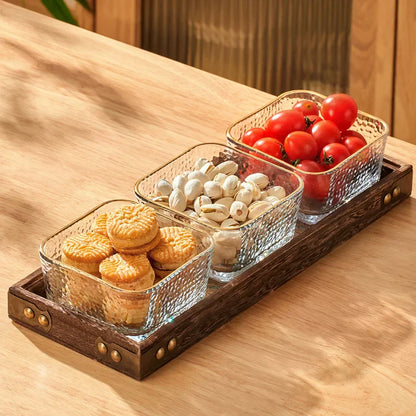 DecorBites™ Glass Wood Tea Table Tray, Rectangular Snack Food Fruit Bowl Serving Tray
