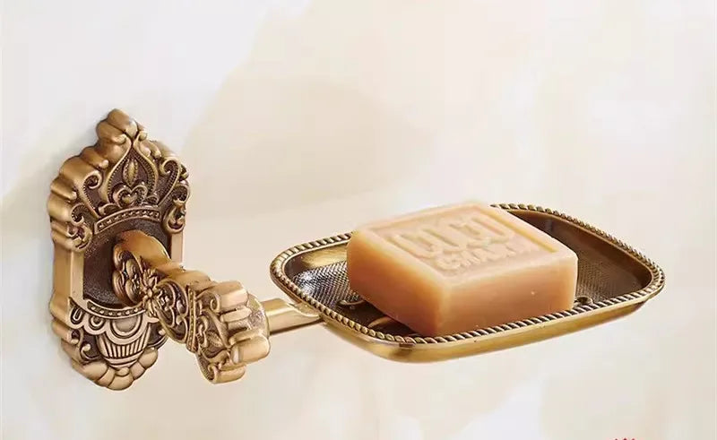 DecorBites™ Bronze Carved Bath Accessories Set: Shelf, Towel Rack, Paper Holder, Toilet Brush Holder