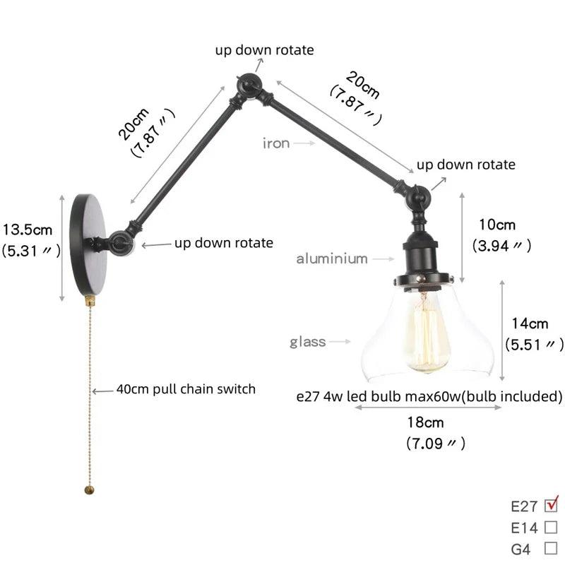DecorBites™ Industrial Loft Swing Arm Wall Sconce Clear Glass Pull Chain Switch Bedside Lamp