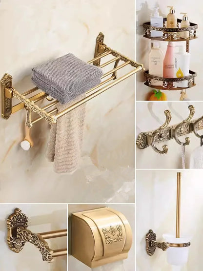 DecorBites™ Bronze Carved Bath Accessories Set: Shelf, Towel Rack, Paper Holder, Toilet Brush Holder