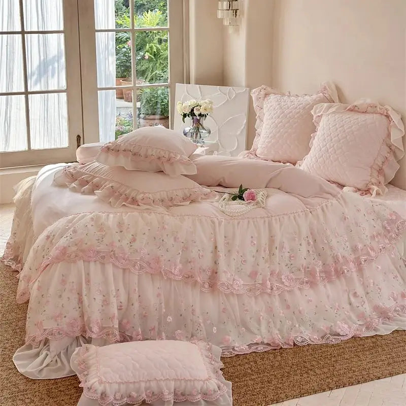 Decobites Winter Velvet Princess Bedding Set with Lace Ruffles and Quilted Bed Skirt