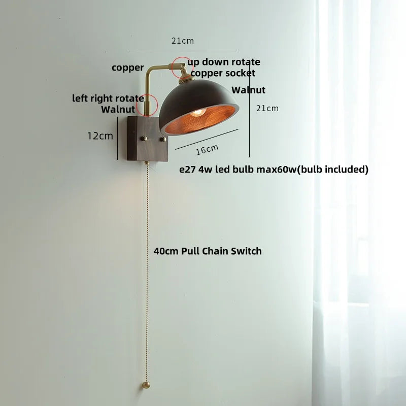 DecorBites™ Copper LED Wall Light Sconce Pull Chain Switch Rotatable Bedside Lamp