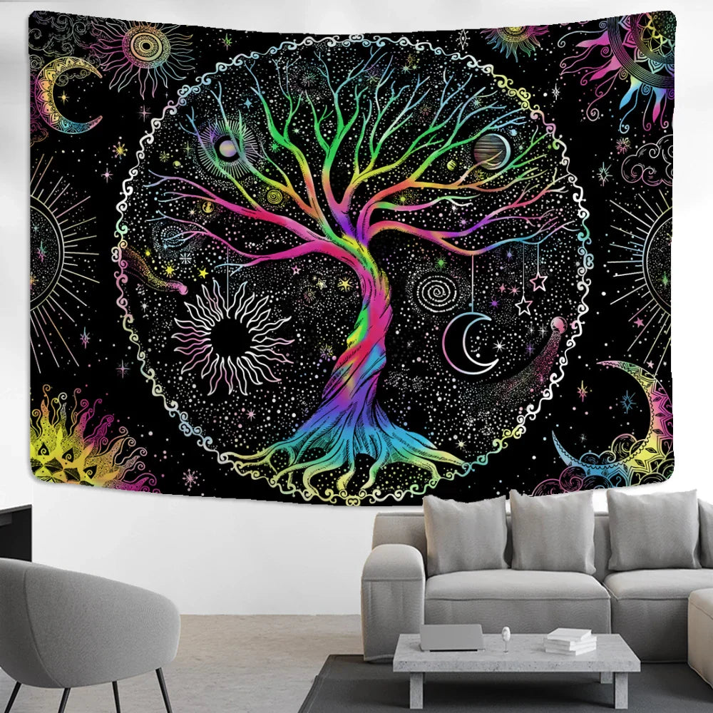 Tapiz abstracto del Árbol de la Vida para colgar en la pared de DecorBites™ - Arte psicodélico hippie