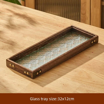 DecorBites™ Glass Wood Tea Table Tray, Rectangular Snack Food Fruit Bowl Serving Tray