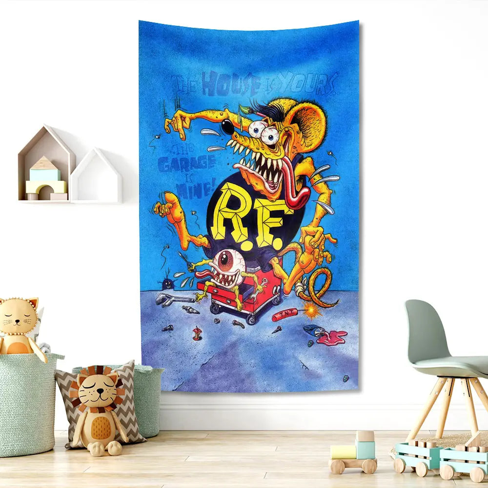 Decobites Rat Fink Fashion Tapestry Funny Meme Print Cloth Wall Decor for Home or Garage