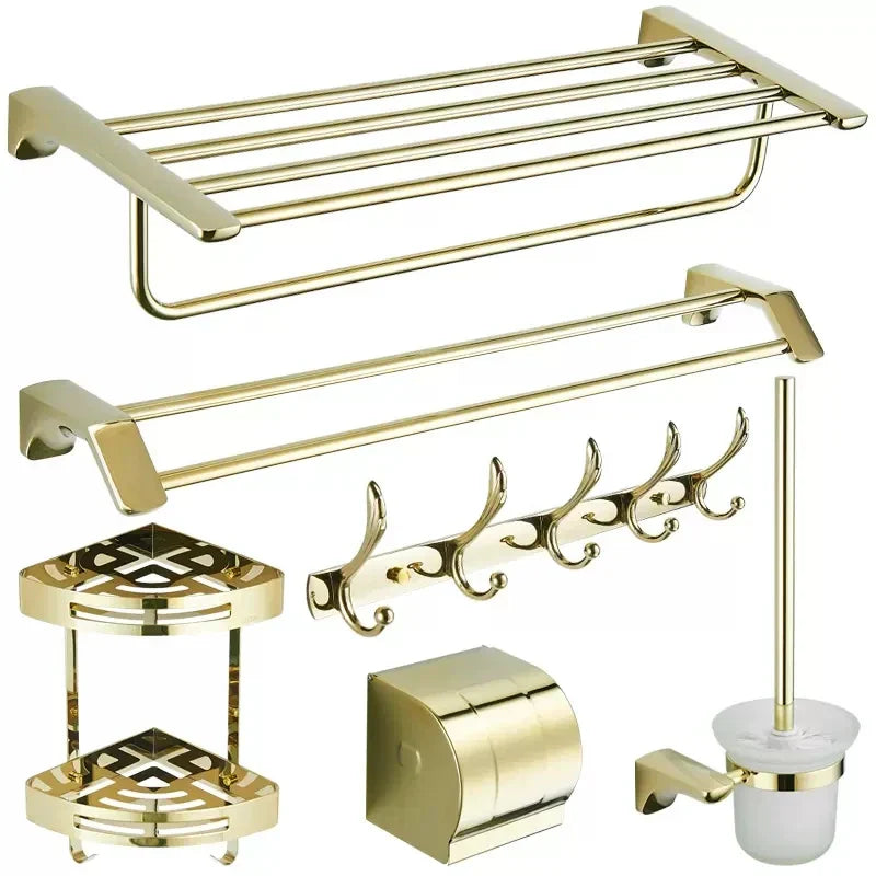 Conjunto de Herrajes para Baño Decorbites™ de Oro: Perchero para Toallas, Estante, Sostenedor de Papel, Sostenedor de Toallas, Sostenedor de Cepillo para Inodoro