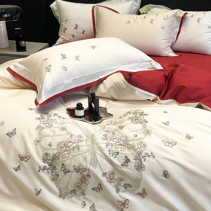 Decobites Butterfly Flowers Embroidery Wedding Bedding Set 1000TC Egyptian Cotton Duvet Cover