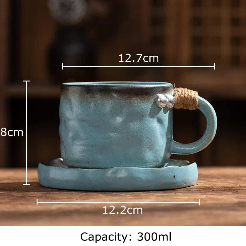 DecorBites™ Coarse Pottery Cup & Saucer Set - Classical Mugs for Dining Table or Coffee