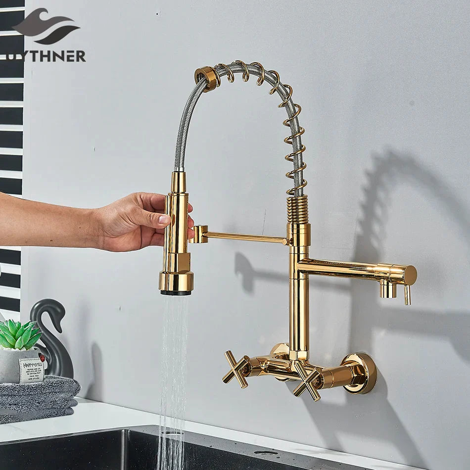 DecorBites™ Gold Black Kitchen Faucet Wall Mount Pull Down Tap Dual Swivel Spouts