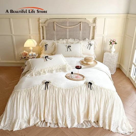 DecorBites™ Lace Ruffles Princess Bedding Set, Velvet Duvet Cover, Plush Bed Sheet, Pillowcases
