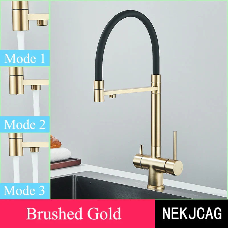 DecorBites™ Brushed Gold 360 Rotate Pull Out Kitchen Filter Faucet with Dual Handle