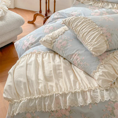 Decobites French Floral Bedding Set: Vintage Country Flowers with Ruffles, Duvet Cover, Flat Sheet & Pillowcases