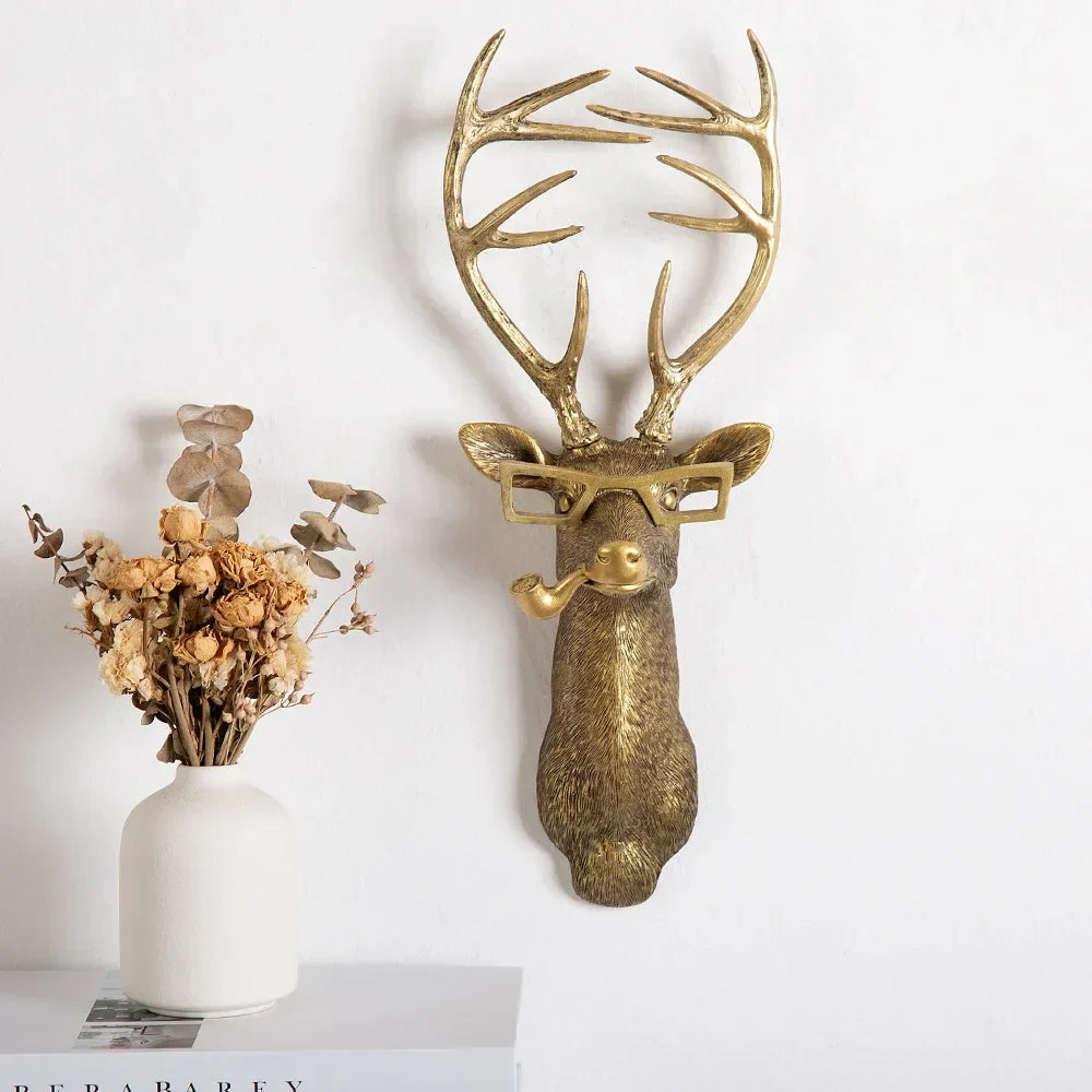 DecorBites™ Golden Deer Head Wall Hook: Antique Bronze Resin Animal Pendant for Stylish Wall Decor