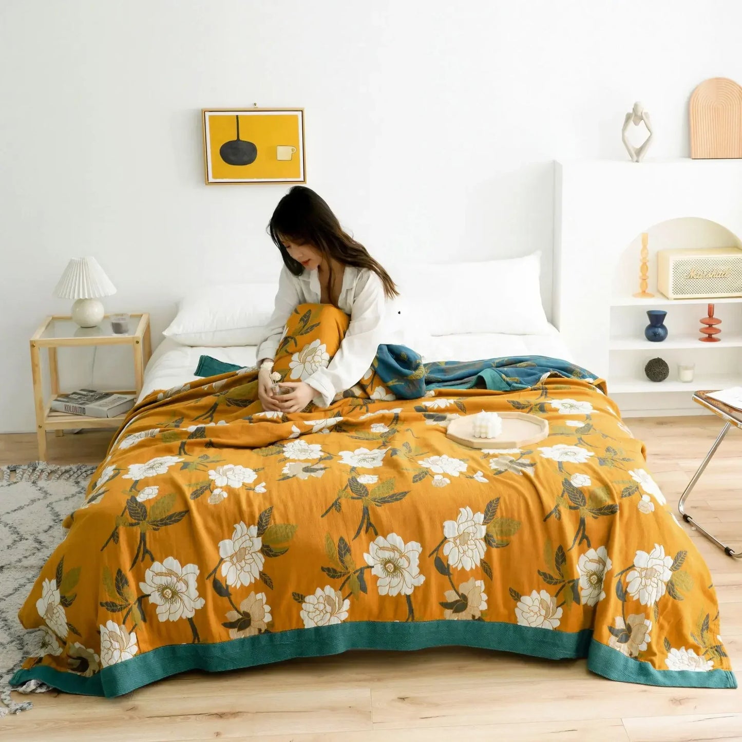 DecorBites™ Japanese Cotton Gauze Flower Blanket: Soft and Breathable Summer Throw