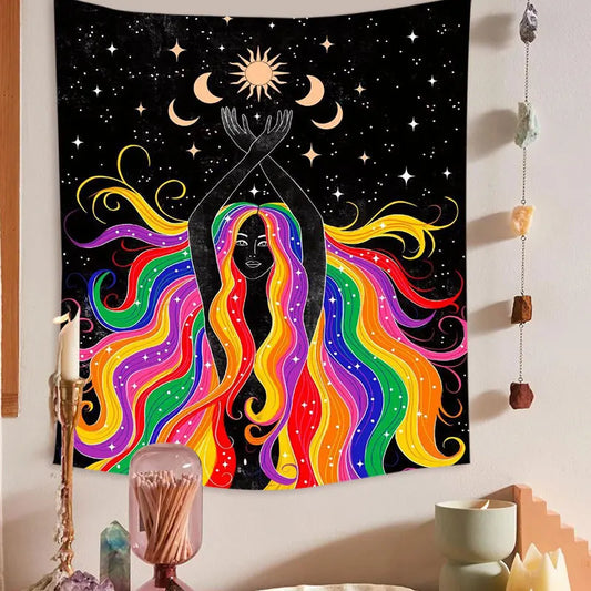 Moon Phase Rainbow Girl Tapestry for Decobites Home Decor