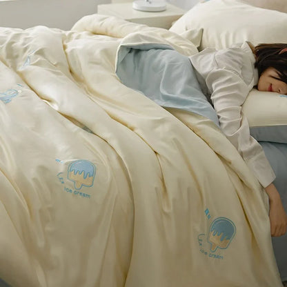 DecorBites™ Cartoon Embroidery Comforter Set with Silky Cooling Touch Fitted Sheet - Luxury Rayon Bedding Set