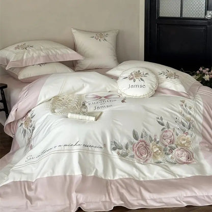 Decobites Peony Flowers Embroidery Princess 1000TC Egyptian Cotton Bedding Set 4Pcs