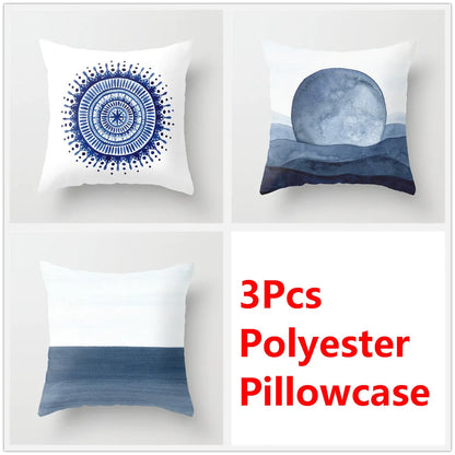 مجموعة أغطية وسائد DecorBites™‎ بنقشة زهور الحبر الأزرق - طقم ثلاثي من أغطية الوسائد للأريكة على الطراز الشمالي لتزيين المنزل