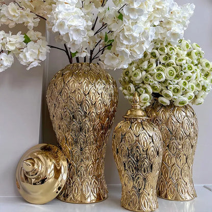 Decorbites™ Goldene Keramik Vintage Flasche Ingwer Topf Blumenvasen Dekoration Ornament