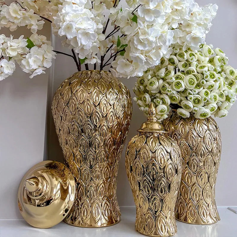 Decorbites™ Goldene Keramik Vintage Flasche Ingwer Topf Blumenvasen Dekoration Ornament
