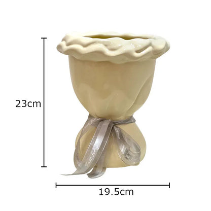 DecorBites™ Ceramic Vase with Artificial Flowers Bouquet for Desk and Room Decoration