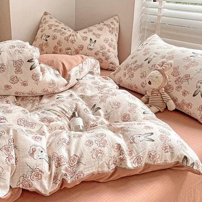 طقم لحاف قطني مطبوع عليه زهور من DecorBites™: خيط مزدوج الطبقات قابل للتهوية، أغطية سرير ناعمة للبنات