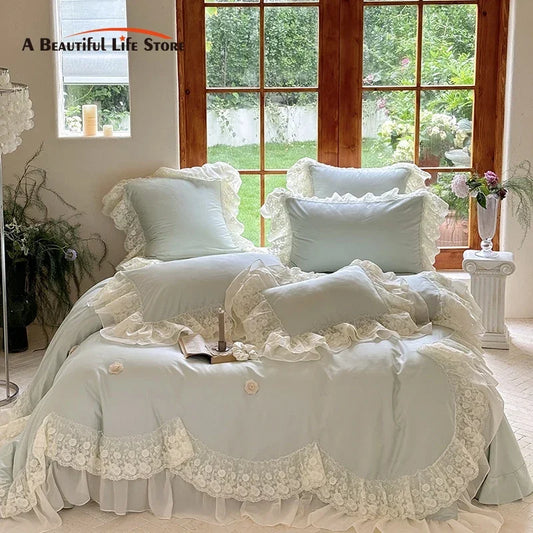 Decobites Princess Wedding Luxury Bedding Set 1200TC Egyptian Cotton Lace Ruffles Flowers Embroidery