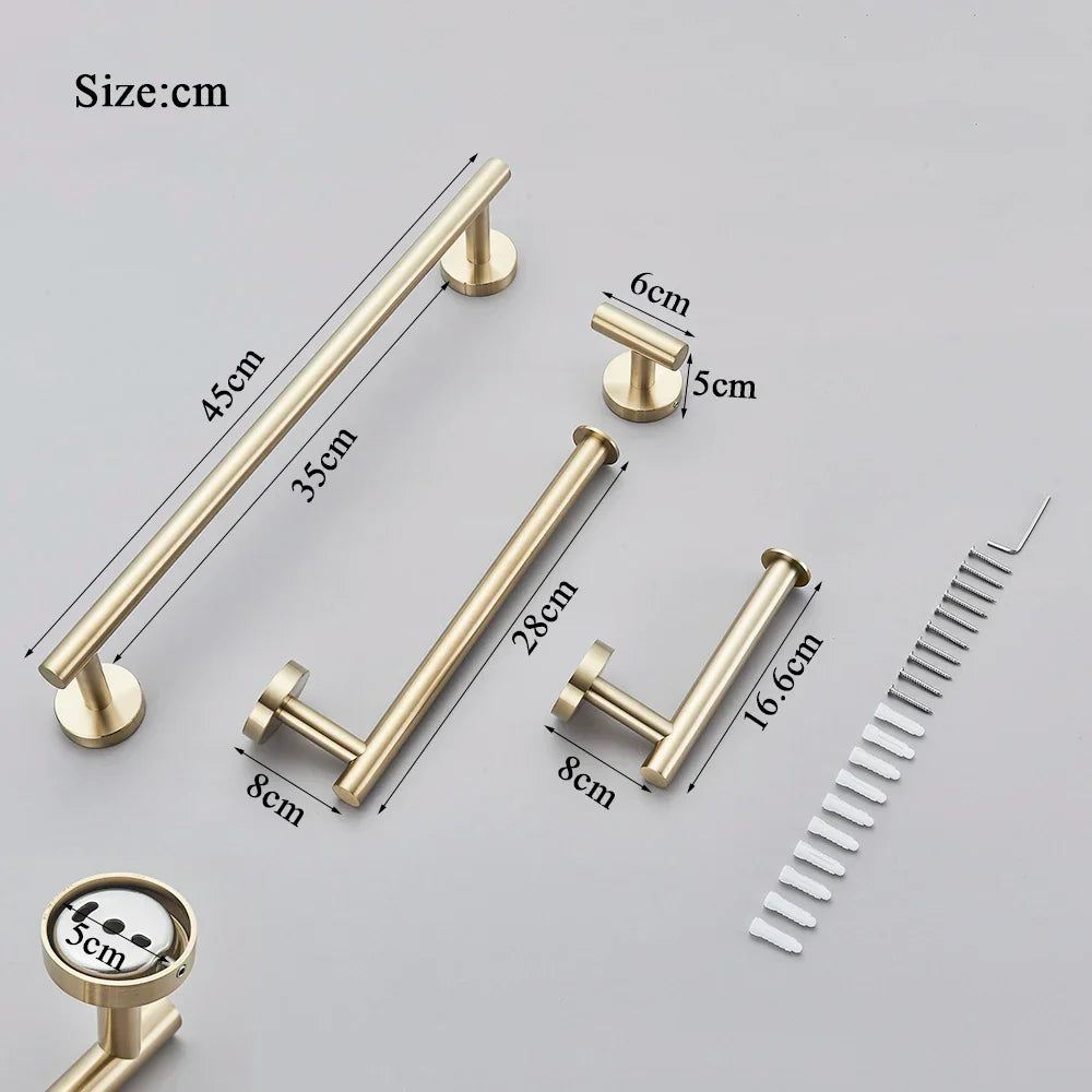 DecorBites™ Brushed Gold Bathroom Hardware Set: Towel Bar, Paper Holder, Robe Hook