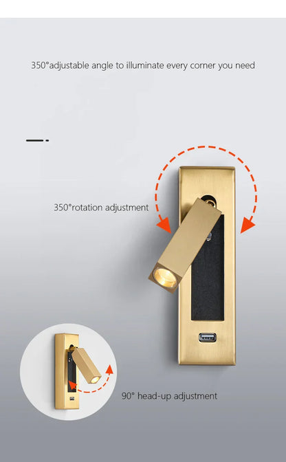 DecorBites™ Black Brass Wall Sconce with USB Port and Switch, 3W Spotlight for Bedroom