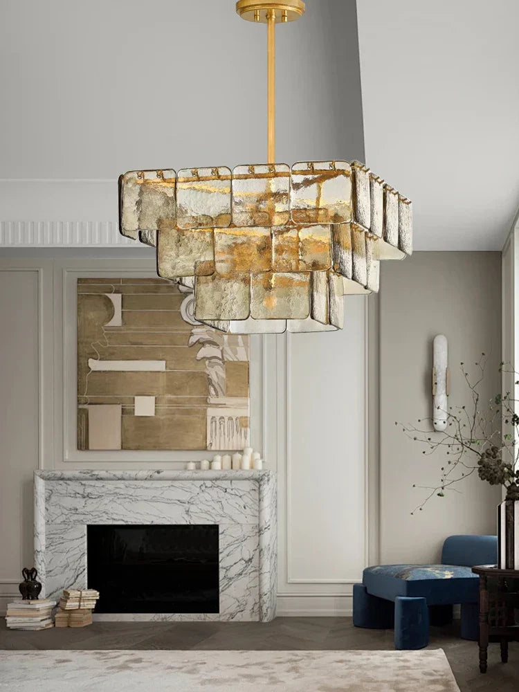 DecorBites™ Gold Glass Chandelier Luxe Living Room Lighting Fixture Luxurious Hanging Lamp