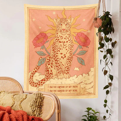 Bohemian Sun Tapestry Wall Hanging by Decobites - Tiger Floral Tarot Moon Aesthetic