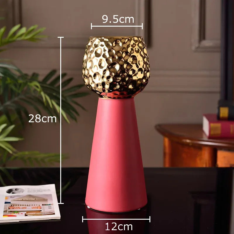 Jarrón de cerámica con patrón de martillo dorado Decorbites™: Maceta creativa para decoración de mesa y arreglo floral