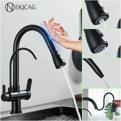 DecorBites™ Gourmet Pull Out Black Gold Kitchen Faucet with Sprayer Mixer Swivel Sink Tap