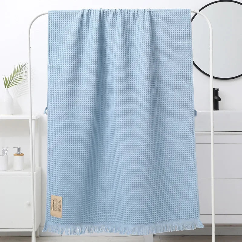 DecorBites™ Geometric Tassel Bath Towel - 100% Cotton, Quick-Dry, Multi-colored Waffle Design - 90x180cm