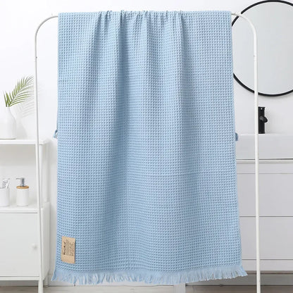 DecorBites™ Geometric Tassel Bath Towel - 100% Cotton, Quick-Dry, Multi-colored Waffle Design - 90x180cm