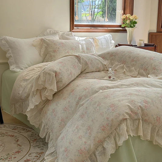 Decobites Elegant Floral Lace Ruffles Bedding Set with Double Yarn - Soft Cotton Blend