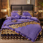 Decobites Black Gold Luxury Crystal Velvet Bedding Set with Quilted Embroidery & Ruffles