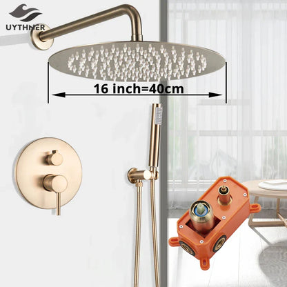 DecorBites™ Gold Shower Faucet with Rainfall Head and Hand Sprayer - Wall Mount Mixer Set