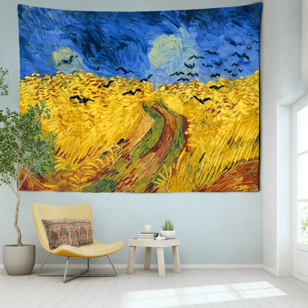 Decobites Golden Field Oil Painting Tapestry Wall Hanging - Retro Hippie Art Decor