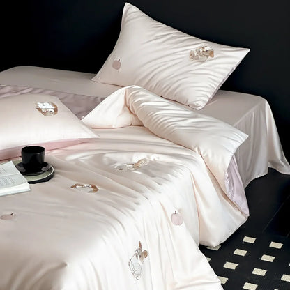 DecorBites™ Cartoon Embroidered Ice Silk Bedding Set with Lyocell Fiber – Queen/King Size