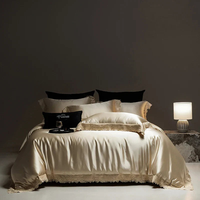 Decobites Luxe French Lace Edge Bedding Set: Silky Lyocell Cotton Duvet Cover, Sheet & Pillowcases