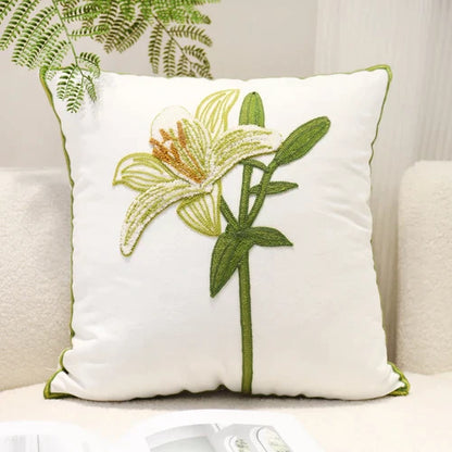 DecorBites™ Green Embroidered Cotton Cushion Cover, Rustic Throw Pillowcase for Living Room Sofa