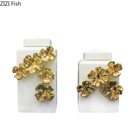 DecorBites™ Golden Flower Relief Ceramic Storage Jar for Desk Decoration and Jewelry Box