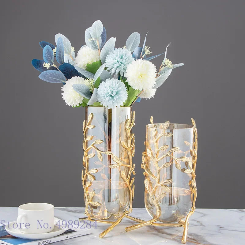 DecorBites™ Gold Frame Glass Vase with Rattan Branches for Home Decor & Flower Arrangement